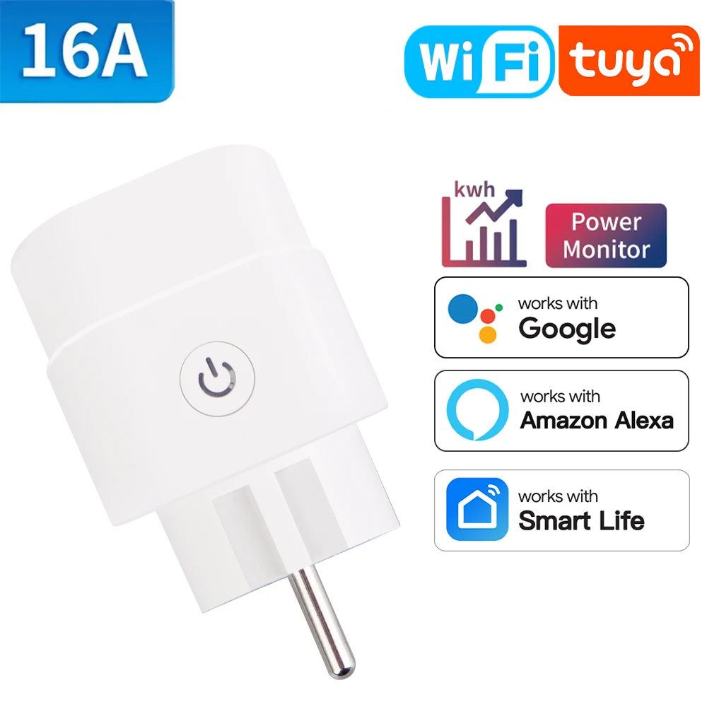 Tuya WiFi Smart Plug 16A EU Plug Socket Power Monitor Timing Function Outlet Safety Socket Works With Google Home Alexa