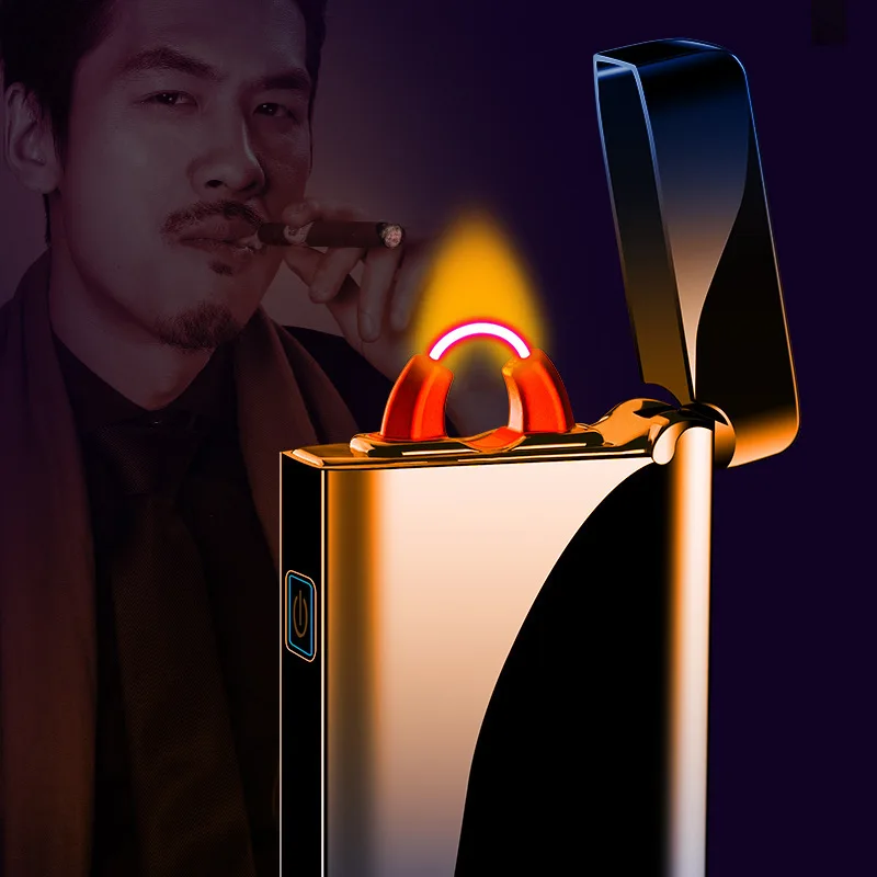 Metal Arc Flame Lighter USB Rechargeable Plasma Flameless Lighter Power Display LED Flashing Light Cigar Lighter Gadgets For Men