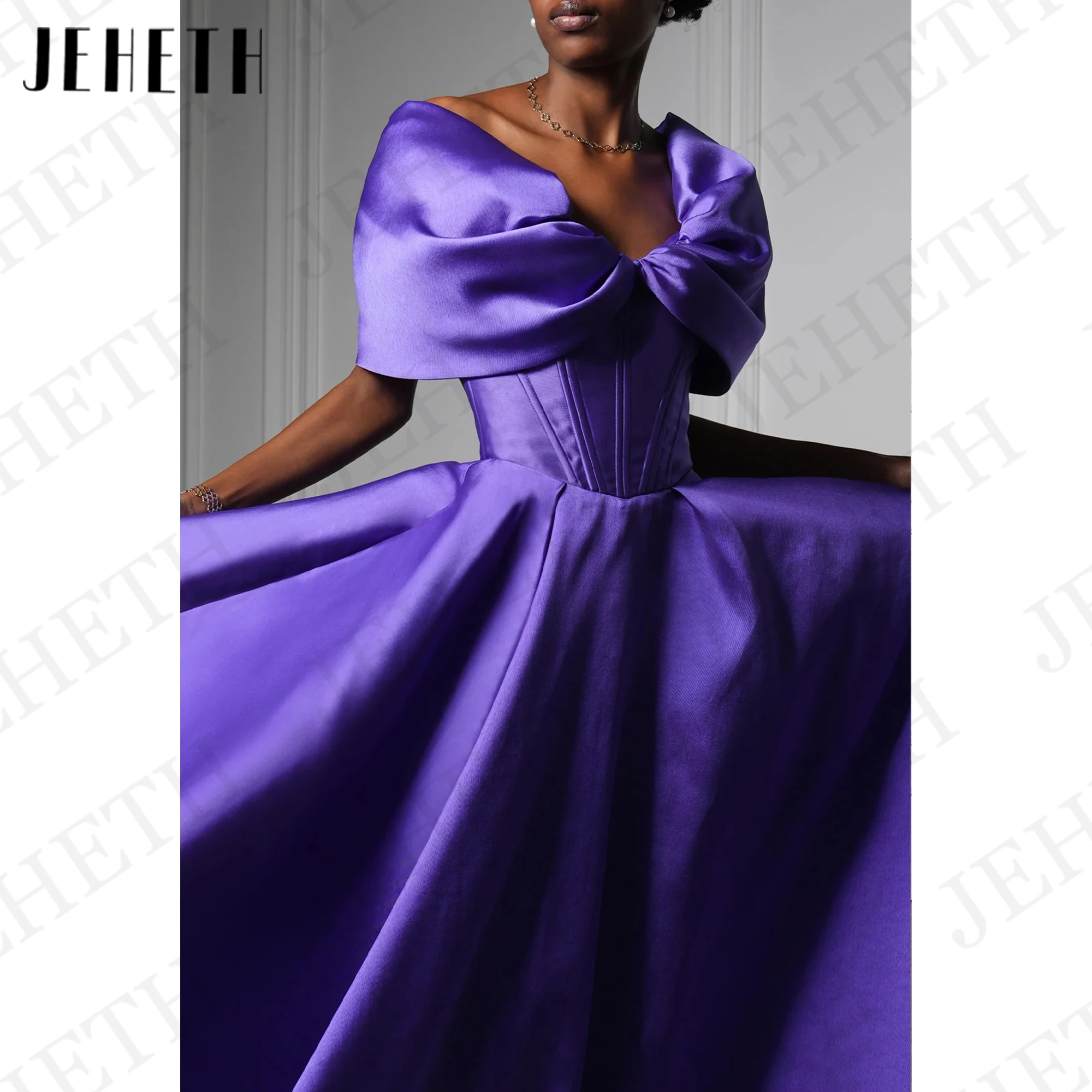 JEHETH Modest Off The Shoulder Prom Dress Purple A Line Satin V Neck Graduation Dresses Woman Party فساتين سهرة سعودي Pleat 2024