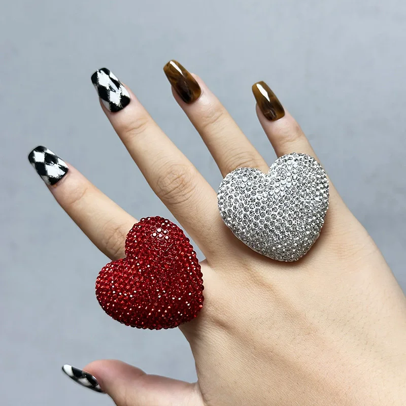 Three-Dimensional Large Heart Rhine Stone Ring Women's INS Style Diy Handmade Ring Fashionable And Trendy Jewelry Accessory
