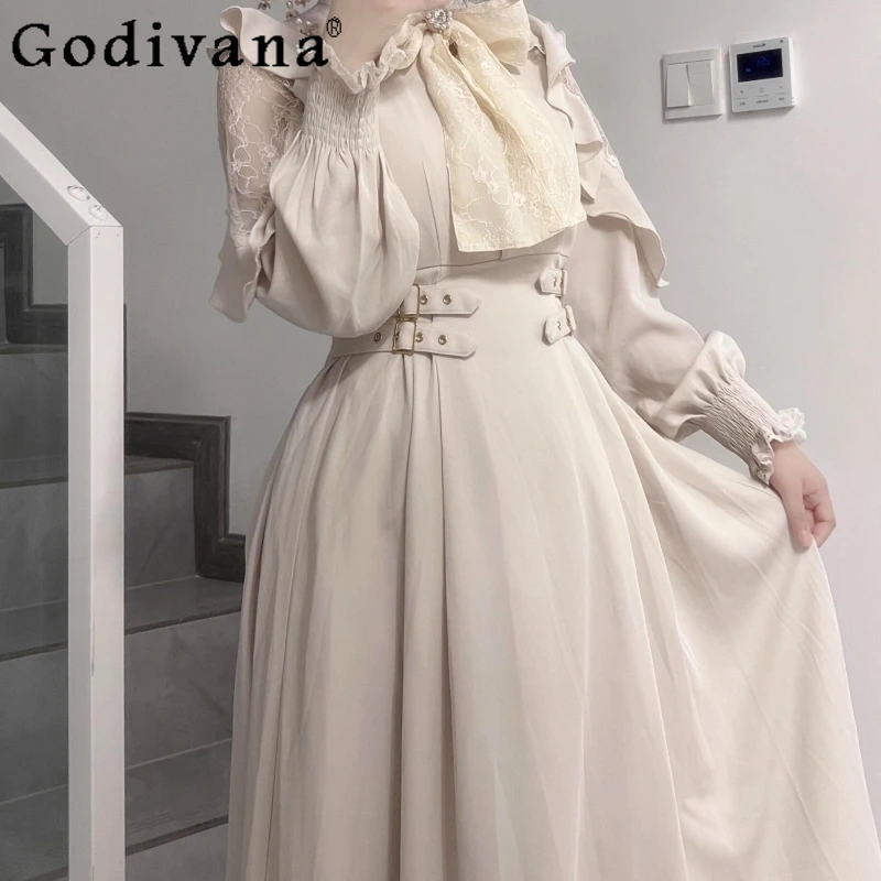 ญี่ปุ่น Rojita ลูกไม้ Ruffle ชุดผู้หญิงขอบเอวแขนยาวหญิงฤดูใบไม้ผลิ Subculture เอวสูงชุดยาว