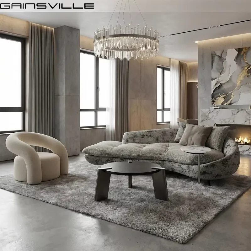 Foshan Factory High End Curved Chaise Modern Lounge Sofa Set with Marble Side Table