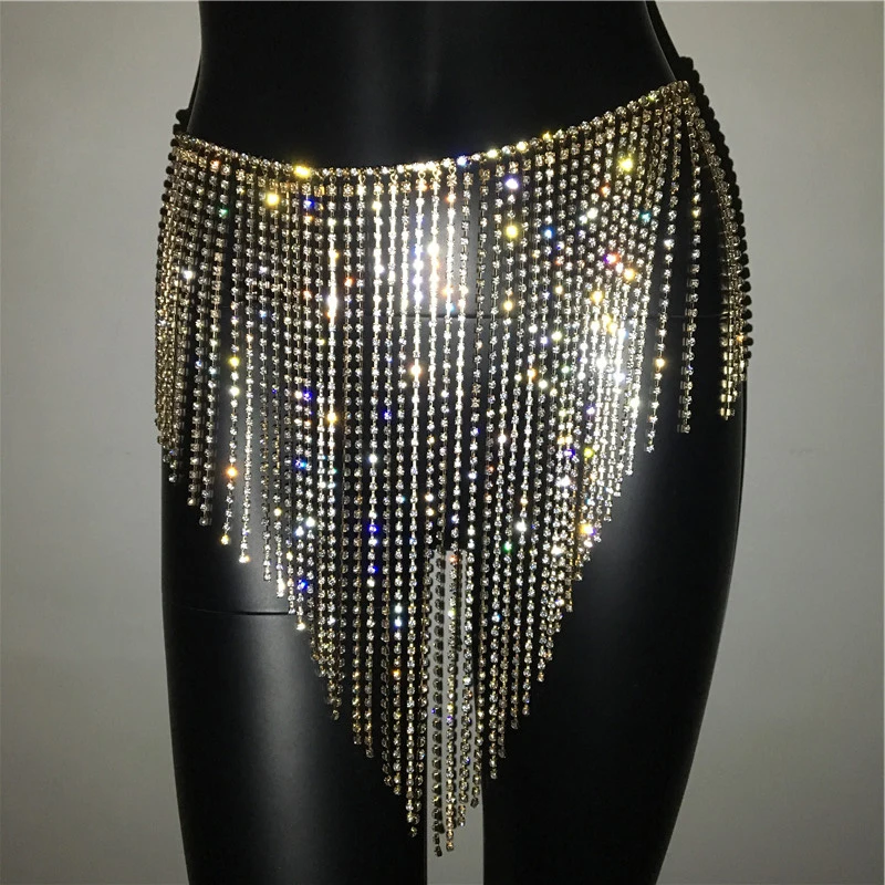 Falda Sexy con diamantes de imitación para mujer, Faldas transparentes con borlas y diamantes, ropa de calle para discoteca, cadenas para el cuerpo, cintura ajustable