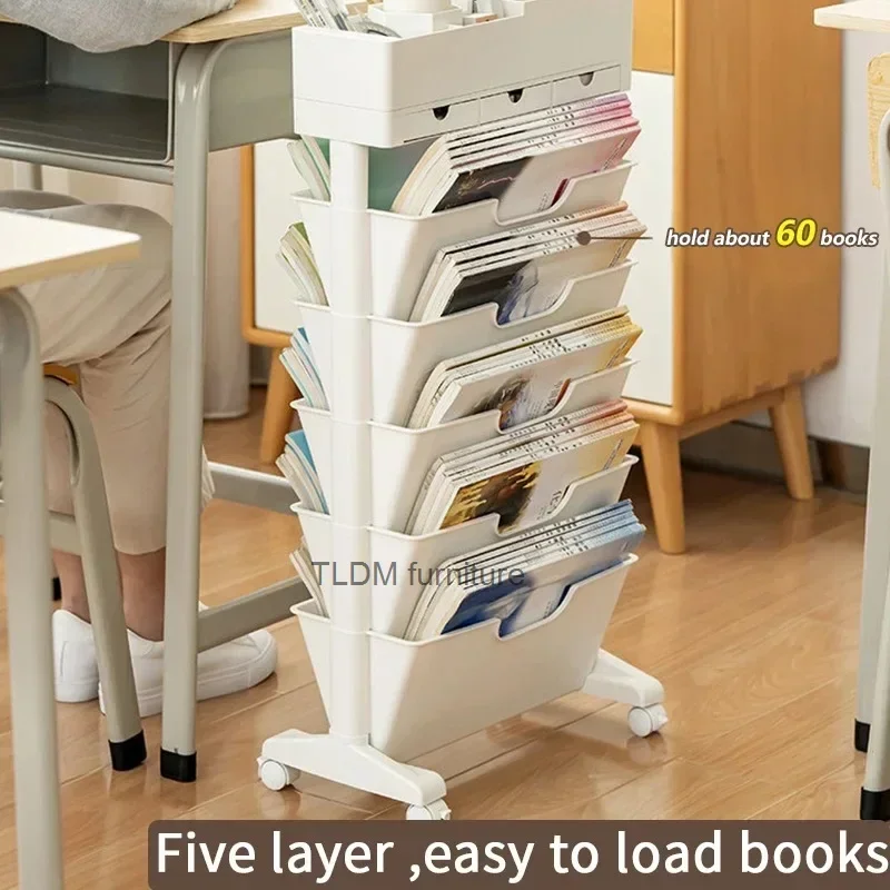 Movable Bookshelf Storage File Organizer Book Rack Large Capacity Shelve Bookcase With Drawer Stationery Organizer