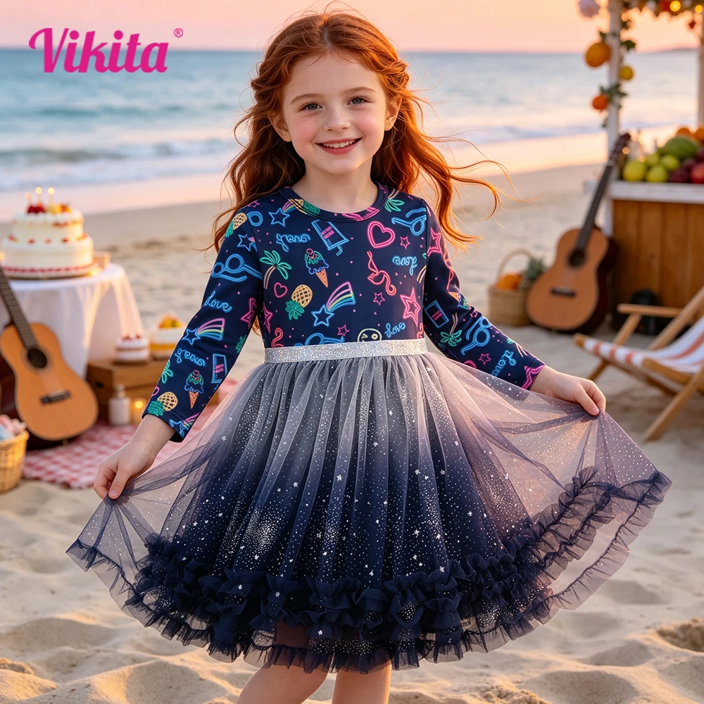 Girls Long Sleeve Polyester Tutu Dress Kids Gradient Star Glitter Silver Waistband Holiday Beach Birthday Party Princess Dresses