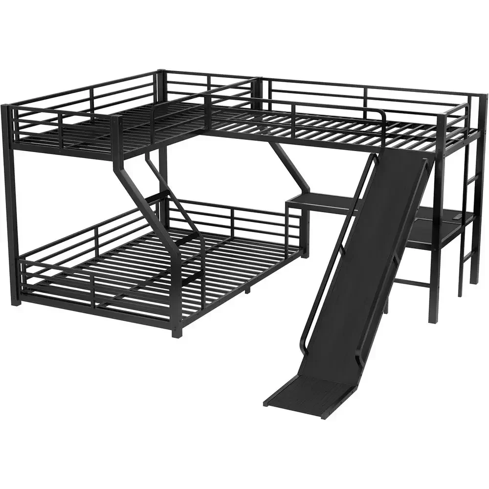 L-Shape Twin XL/Queen Bunk Bed with Desk and Slide, Triple Bunk for 3 Kids, Metal, Black view 6