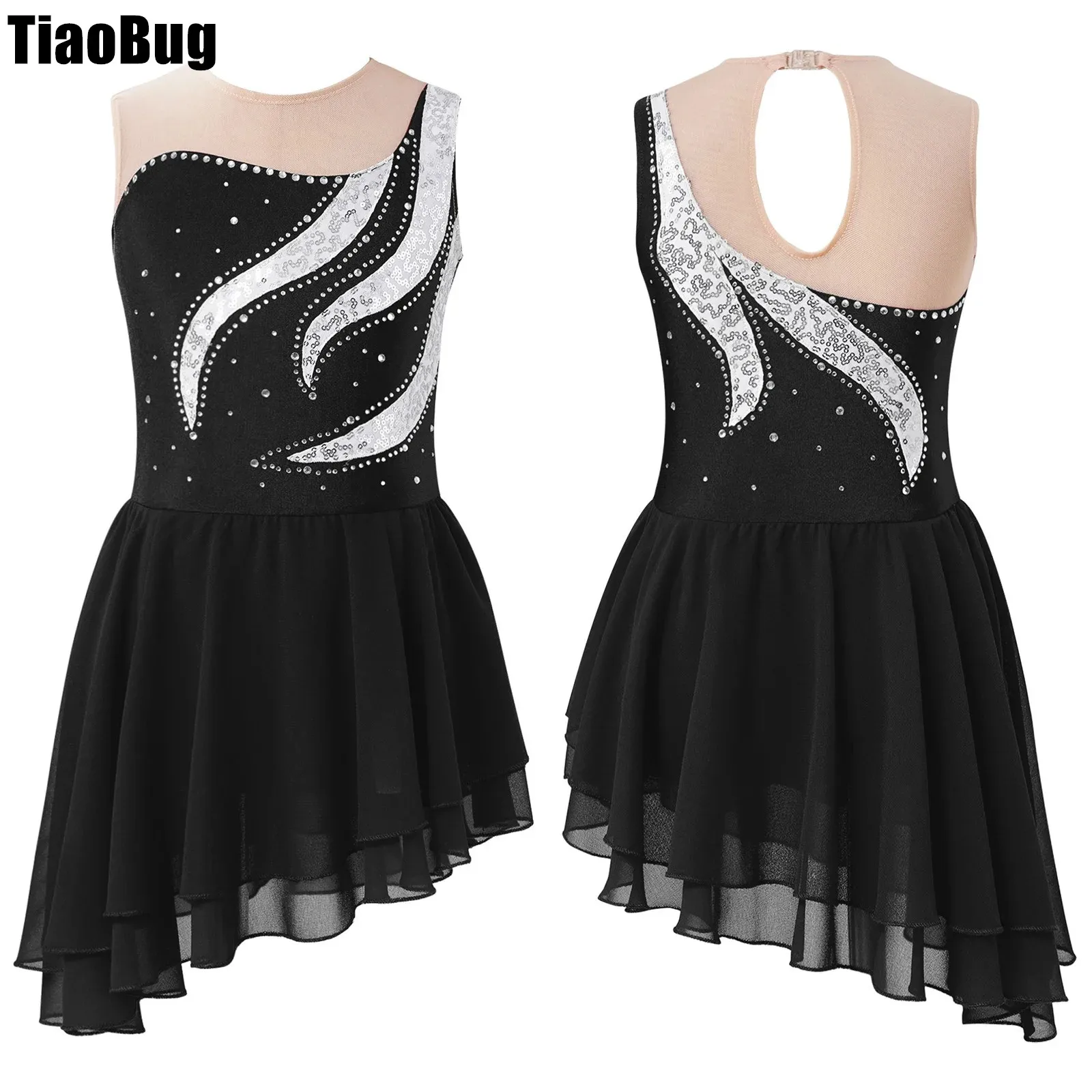 

Kids Girls Ice Skating Dress Sequin Rhinestone Dancing Clothing Sleeveless Hollow Back Tiered Slanted Hem Figure