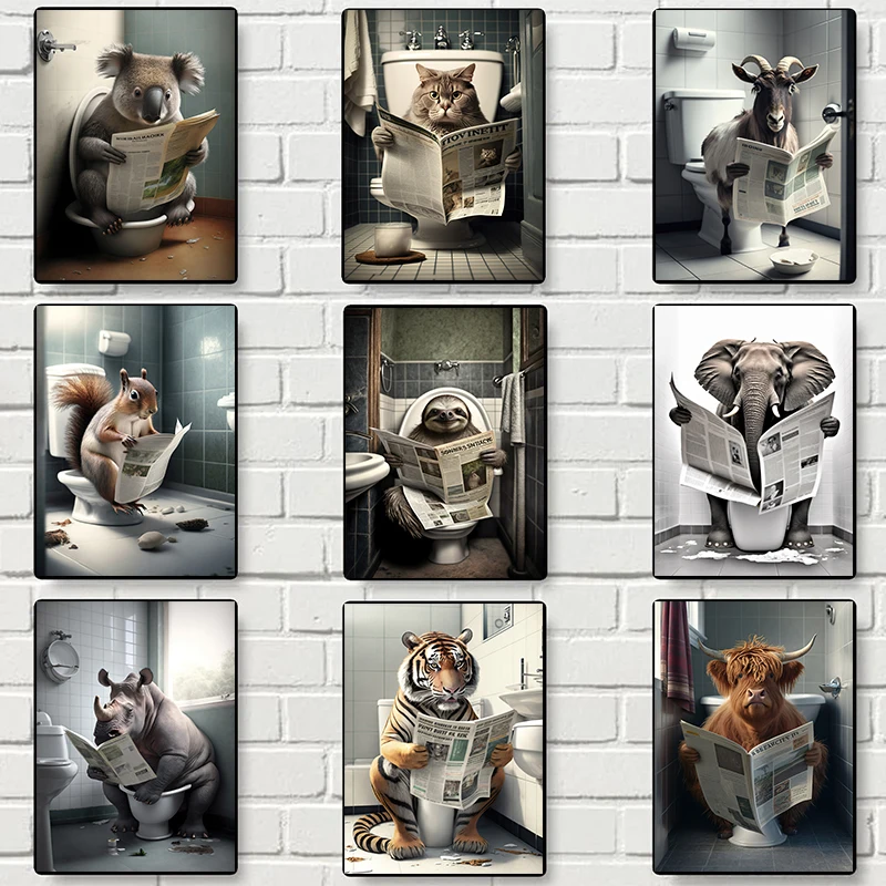 Funny Bathroom Tiger Panda Sitting on Toilet Reading Newspaper Posters Prints Canvas Printing Modern Wall Art Picture Home Decor