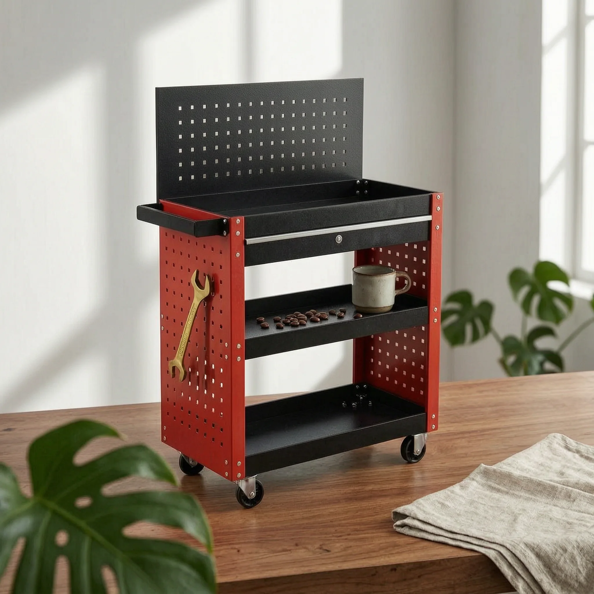 Rolling Metal Tool Cart Side Handle Three-Tier Utility Cart Storage Furniture on Wheels High Load Capacity