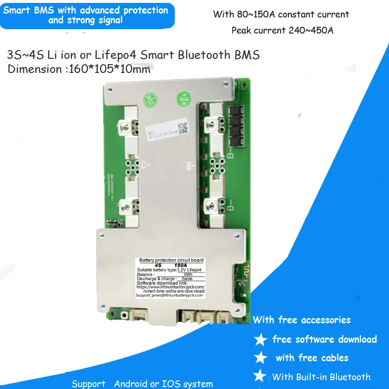 4S 16.8V  Li ion Battery Smart BMS or 4S Lifepo4 14.6V PCB   with 100A or 150A constant current and UART Communication