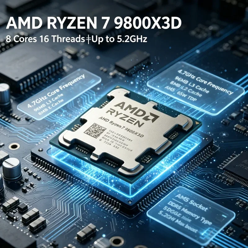AMD Ryzen 7 9800X3D AM5 Gaming CPU 8 Core 16 Thread 96MB L3 Cache 5.2GHz Boost DDR5 4nm 120W TDP Desktop Processor Tray No Fan