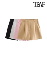 TRAF-pantalones cortos con bolsillos laterales para Mujer, Bermudas de dardos delanteros, Vintage, de cintura alta, con cremallera