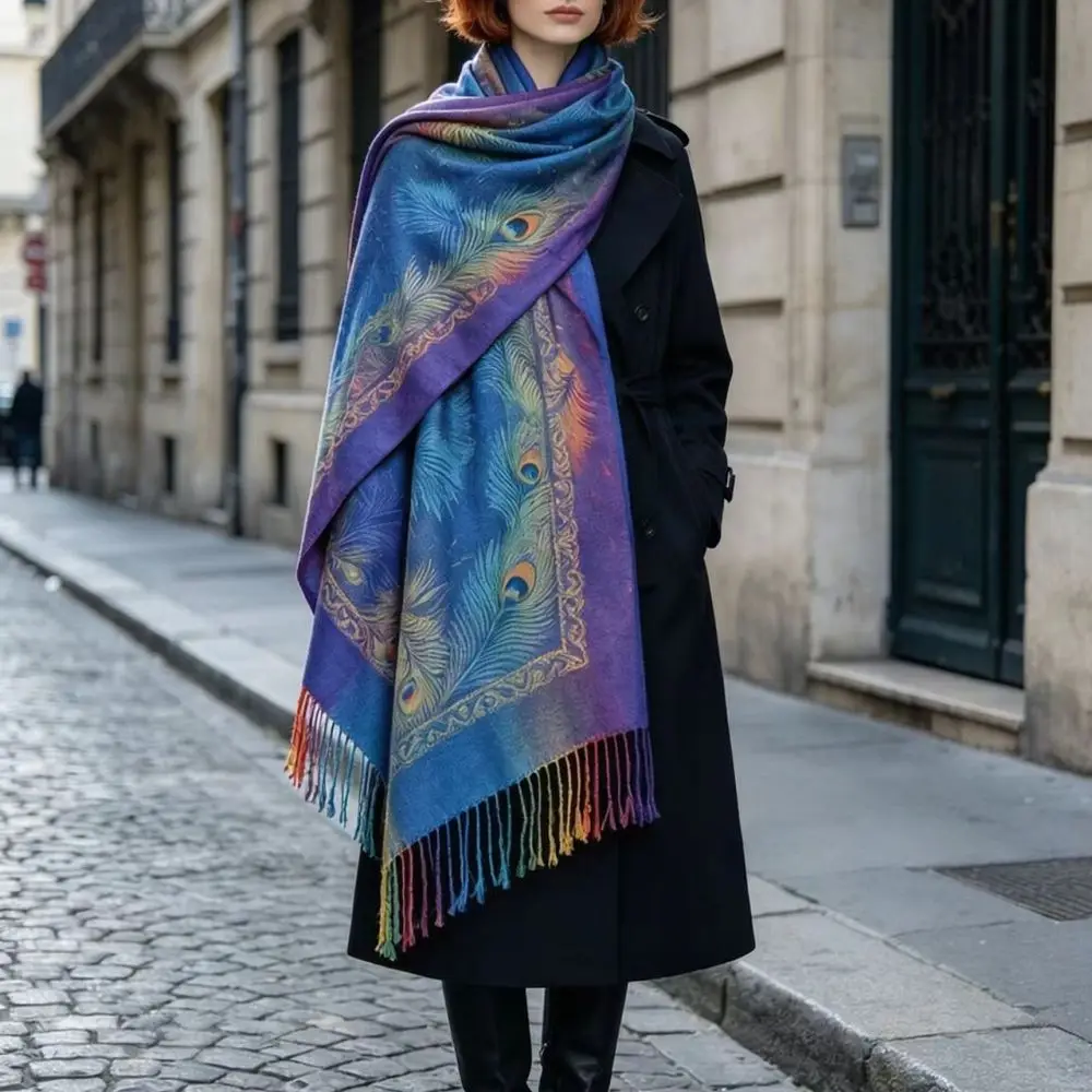 Women Warm Gradient Scarf Peacock Feather Shawl Long Tassel Wrap Winter Ethnic Style Fashion Soft Pashmina Stole