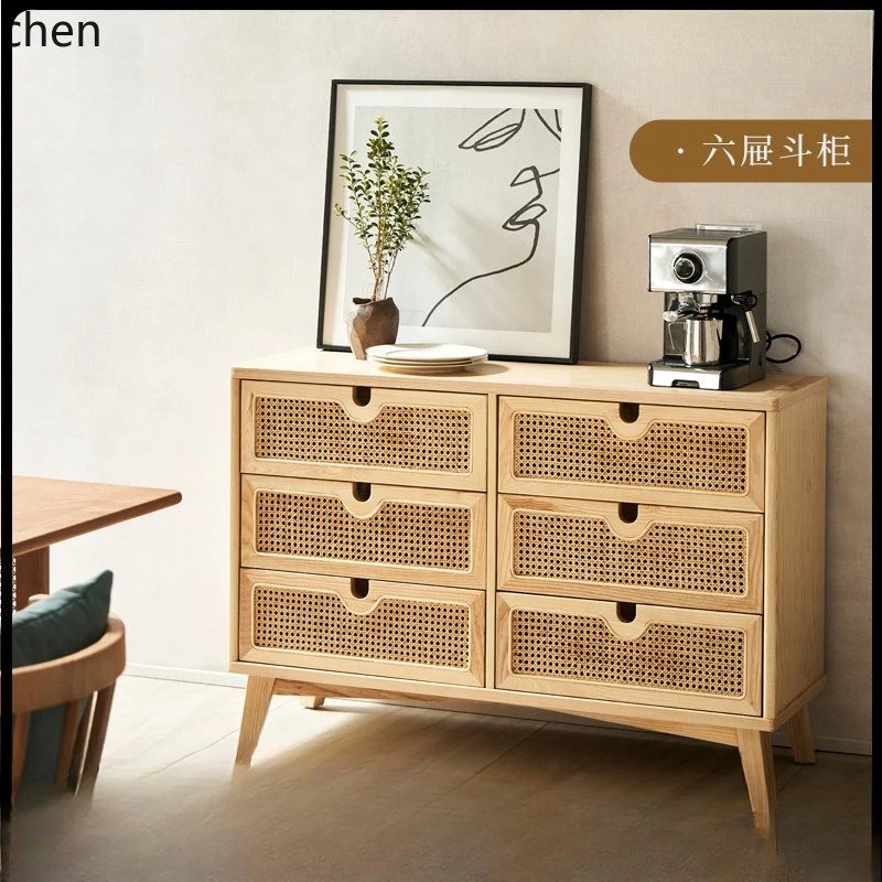 HXL Solid Wood Rattan Chest of Drawers Simple Storage Cabinet Entryway Cabinet