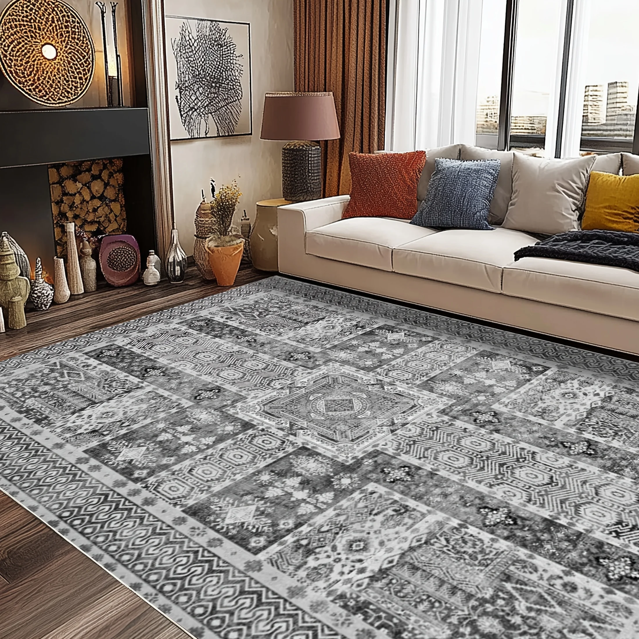 

Gnizama Vintage Light Gray Living Room Large Area Rug, Washable Vintage Floral Living Room Rug, Bedroom Decorative Rug