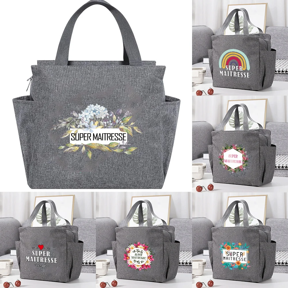 Multifunction Large Capacity Cooler Bag Canvas Portable Zipper Thermal Lunch Bags Maitresse Print Lunch Box New Picnic Food Bag