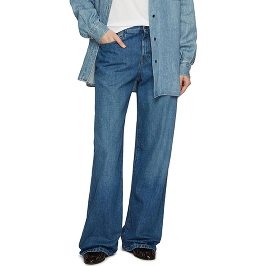 

Maxdutti Minimalist Woman Clothes Boyfriend Jeans And Elegant Mid Rise Retro Blue Wide Leg Straight Leg Denim Pants For Women