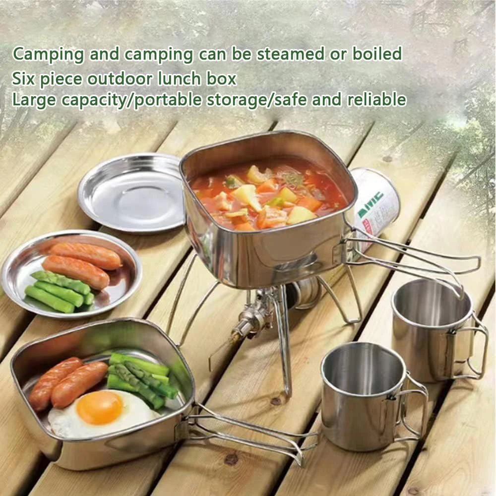 Outdoor Plate Bowl Camping Supplies 6pcs Set Stainless Steel Portable Large Capacity Corrosion Resistant Brushed Easy to Clean