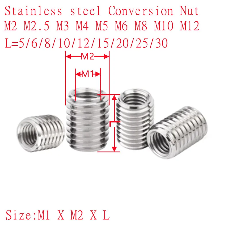 2-10PCS Internal Outside Thread Nut M2 M2.5 M3 M4 M5 M6 M8 304 Stainless Steel Adapter Screw Thread Insert Sleeve Conversion Nut