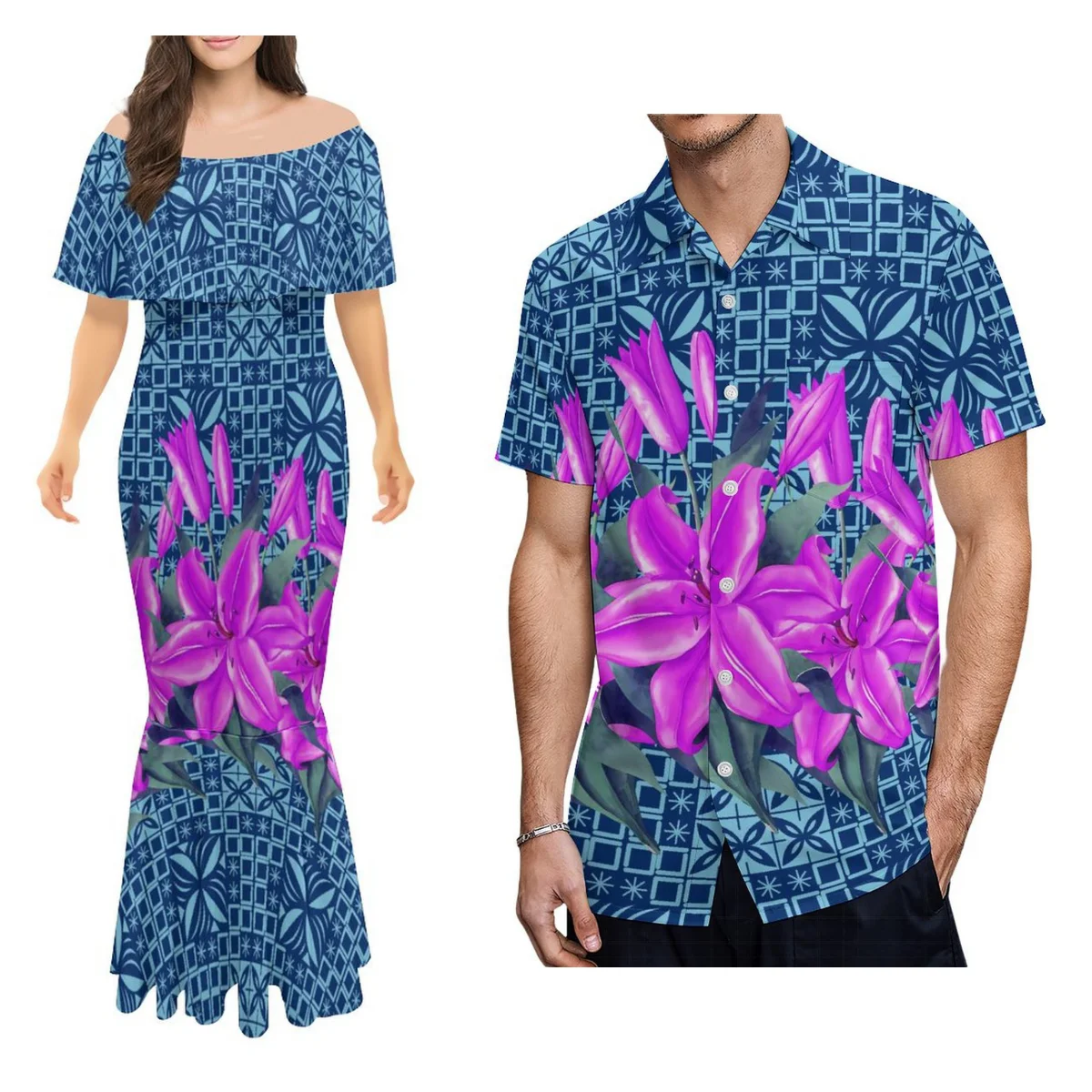 High Quality Polynesian Islands Fashion Women'S Off-The-Shoulder Maxi Dress Fashion Dress Men Shirt Formal Occasion Couple Suit