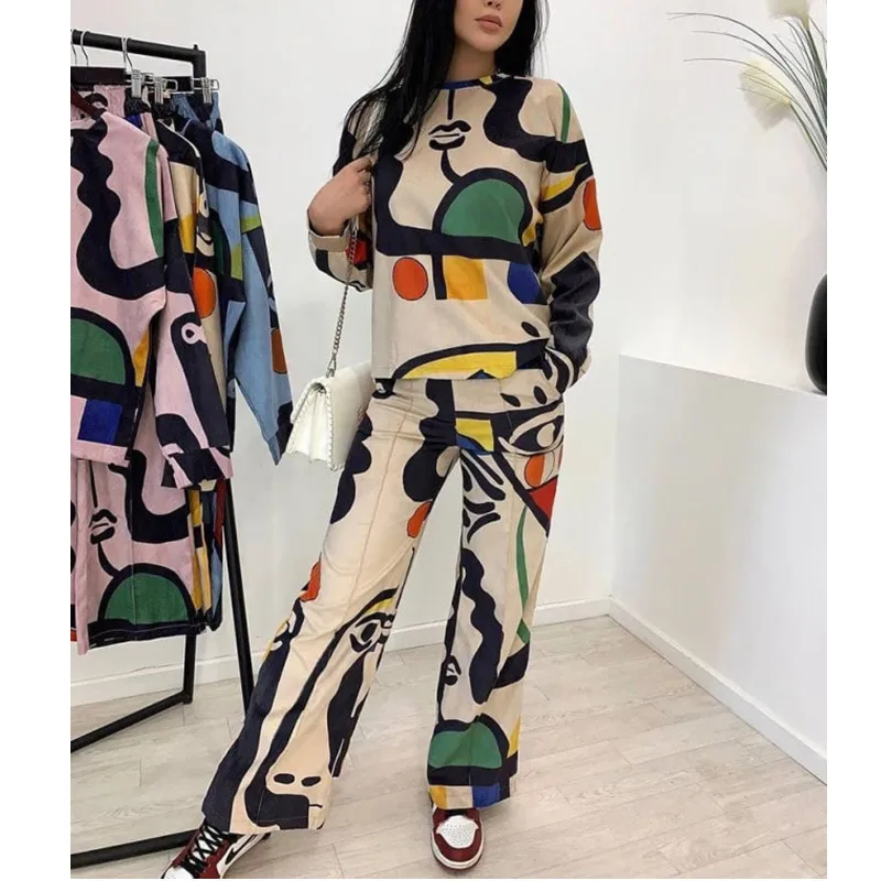 Moda graffiti impressão t camisa calças compridas conjunto feminino primavera outono novo esporte solto em linha reta através de calças compridas feminino 2 peça conjunto