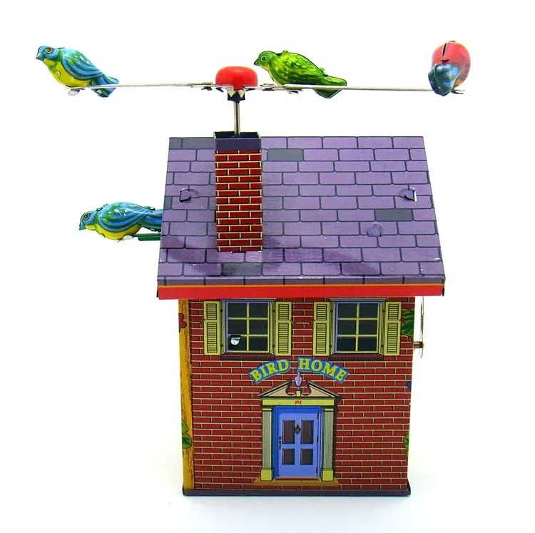 Adult Collection Retro Wind up toy Metal Tin rotating bird alarm clock bird house Clockwork toy model figures gift vintage toys