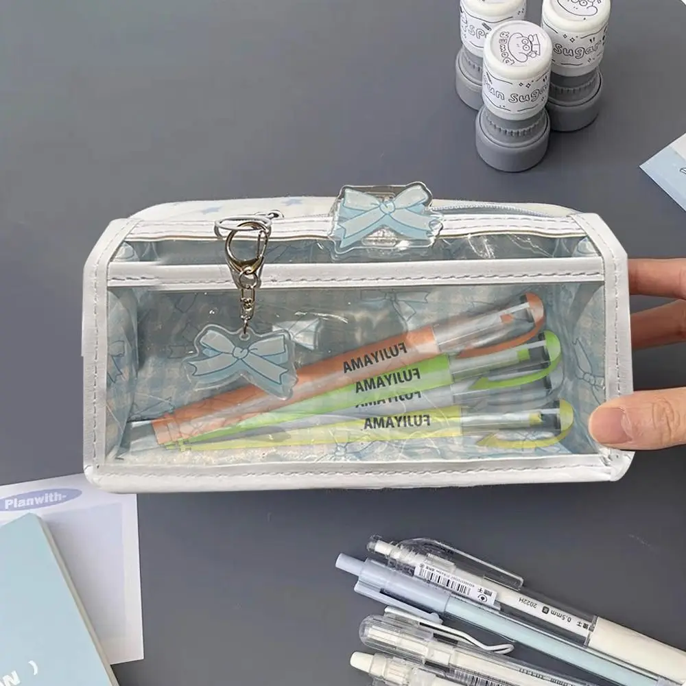 Cartoon Cute Bow Pencil Case Transparent Large Capacity Stationery Bag Triangle Pencil Bag Gifts