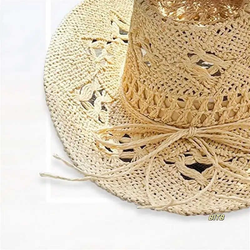 

2X Straw Cowboy Hats For Women Western Cowgirl Hat For Holiday Party Foldable Vacation Beach Sun Hat With Wide Brim C