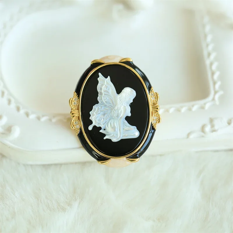 S925 Silver Inlaid Shell Carving Series Butterfly Fairy Brooch Pendant Dual-purpose