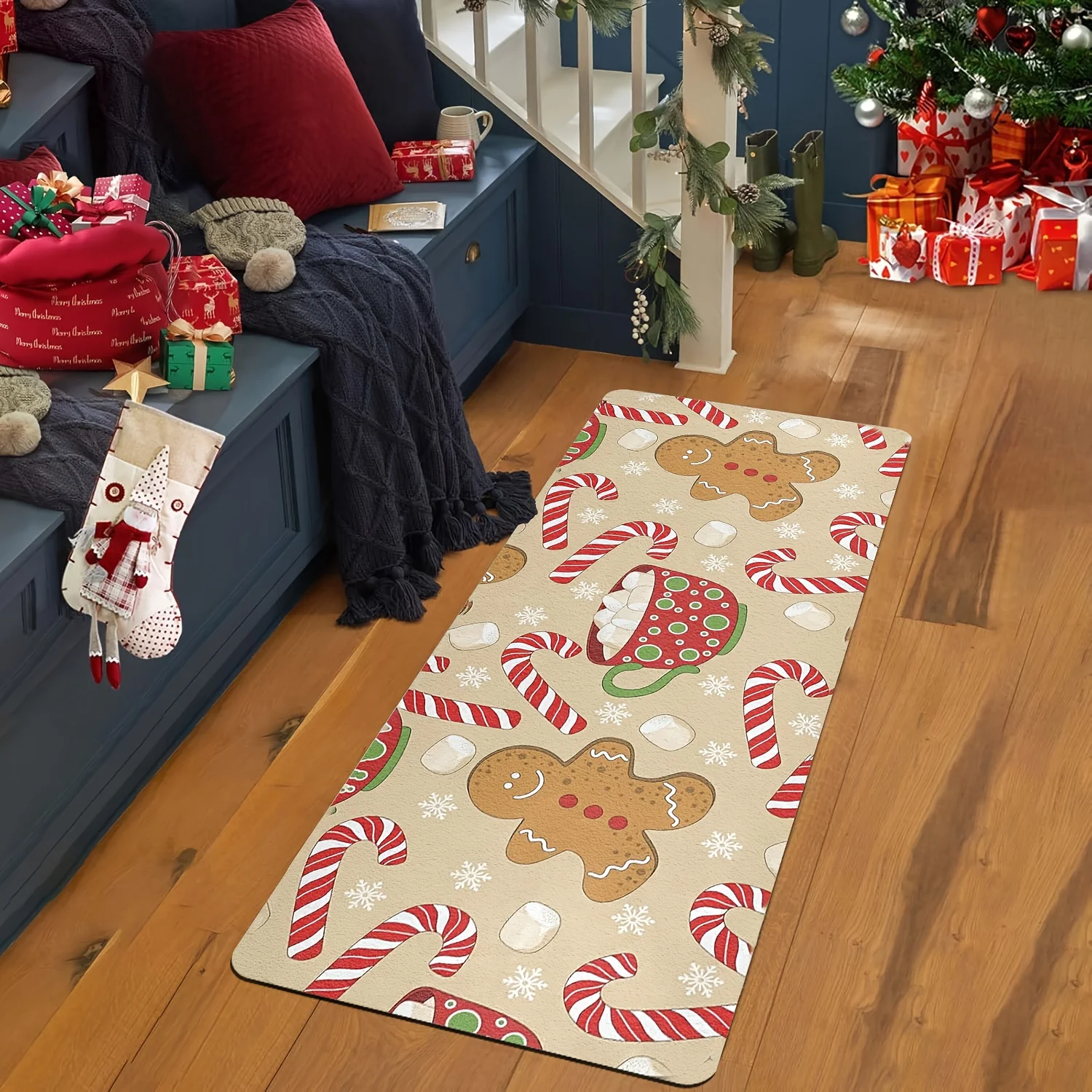 1/2/3pcs Christmas Gingerbread Man Theme Kitchen Carpet Set Kitchen Mat Hallway Laundry Bedroom Living Room Decor Floor Carpet