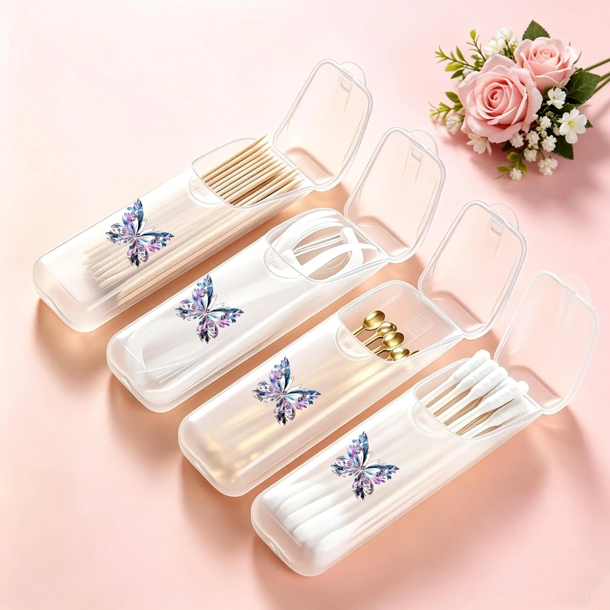 Crystal Butterfly Mini Storage Box, Travel Pill & Capsule Case, Food-Grade PP Container for Toothpicks, Dental Floss, Small Part