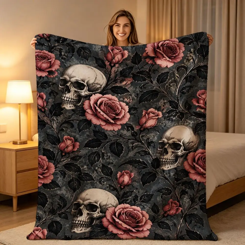 Gothic Skull Roses Throw Blanket Dark Charcoal Tapestry Style Rose Vines Pattern Warm Soft Flannel for Sofa Couch Travel Camping Cozy Home Decor