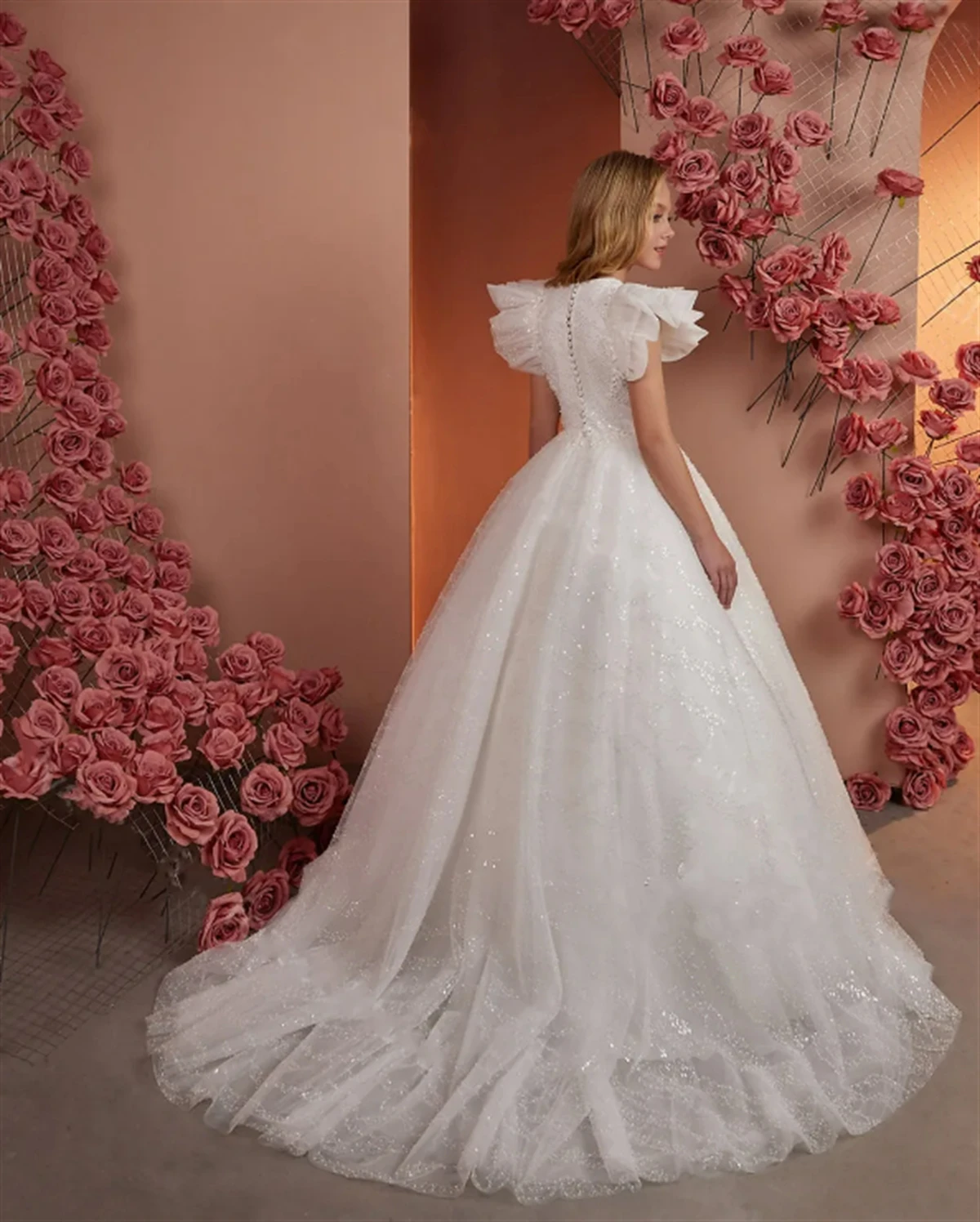 Vestido de flores para niña, ropa de tul blanco esponjoso, apliques brillantes, manga con volantes, boda, primera comunión, fiesta de cumpleaños