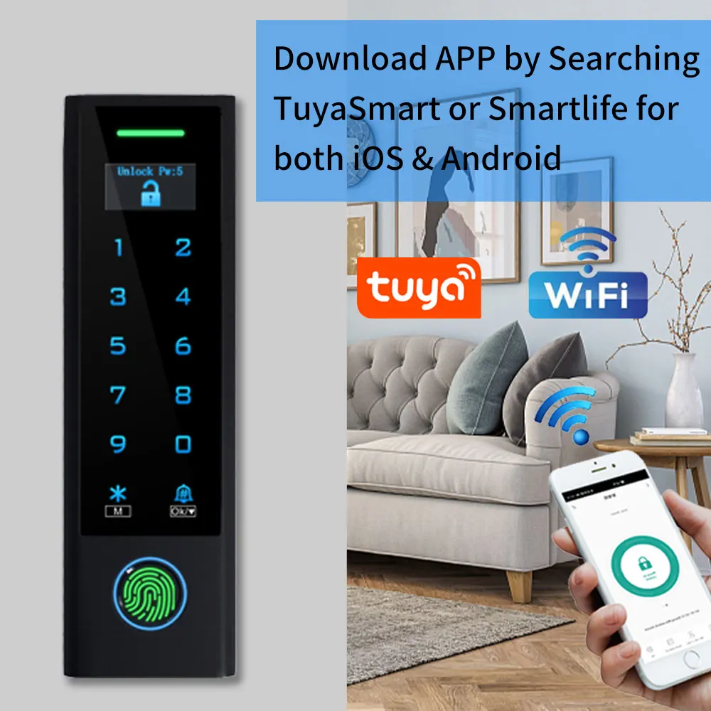 Waterproof Wifi Tuya APP Fingerprint Access Controller Standalone RFID Keyboard Touch Keypad with LCD 125KHz Door Opener System