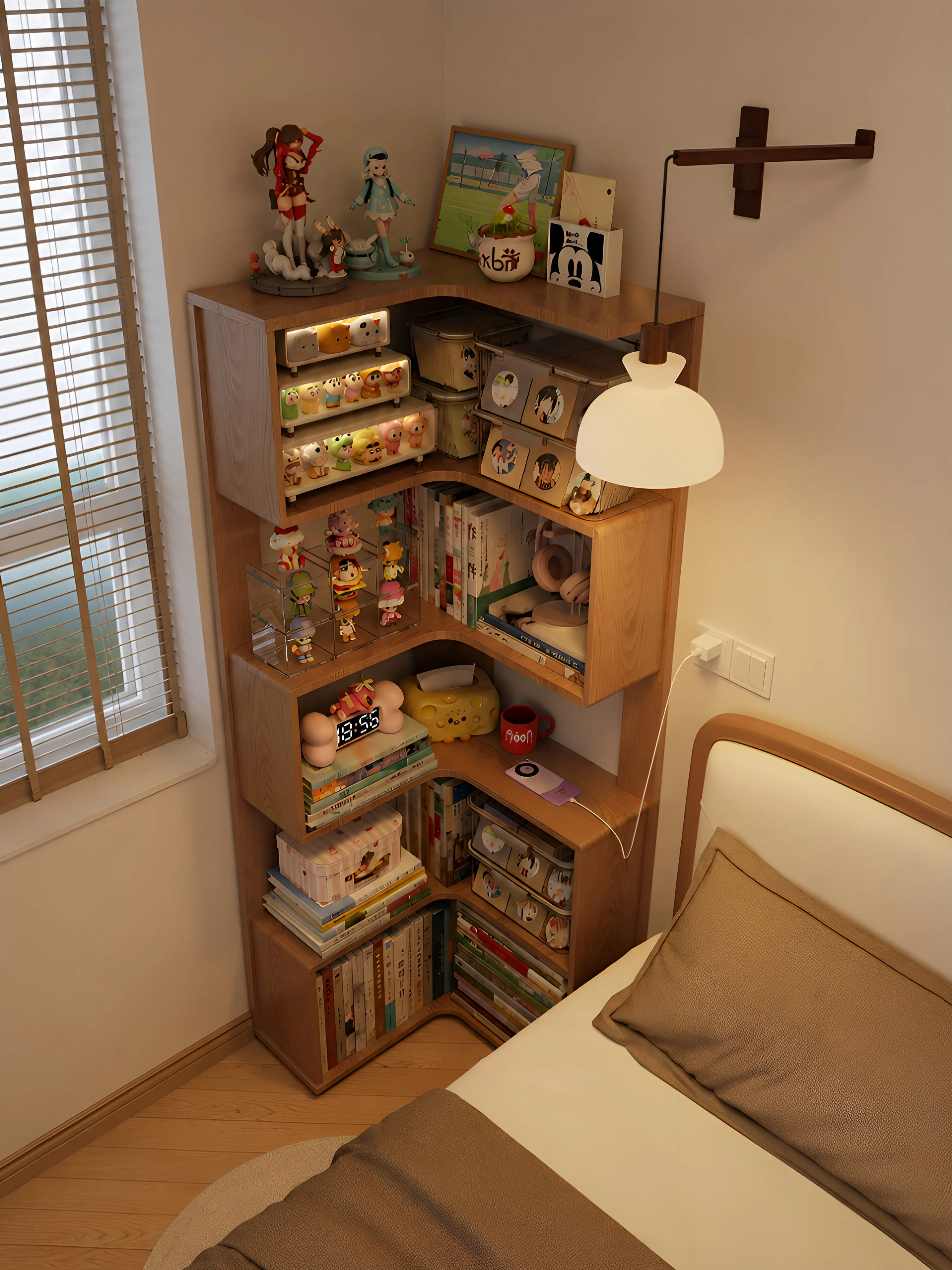 Corner bookcase floor-to-ceiling  integrated against the wall Bedroom bedside corner narrow bookshelf storage display shelf