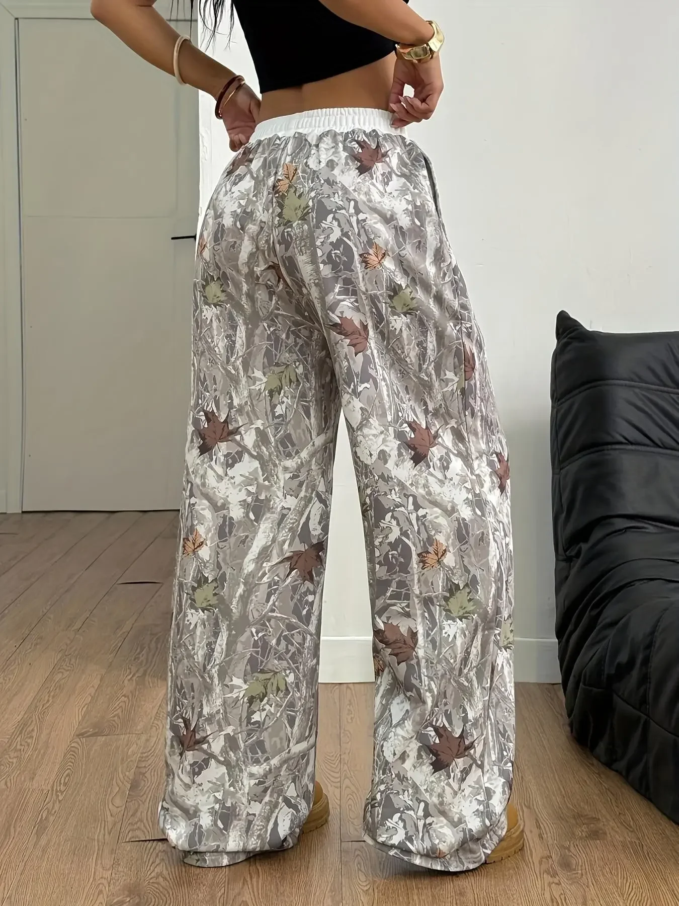 Women's Branch Print Long Pants, Fashion Home Wear, Loungewear and Sleepwear, Comfortable and Trendy, Loose-Fit, All Seasons, Sleepwear Homewear Clothes