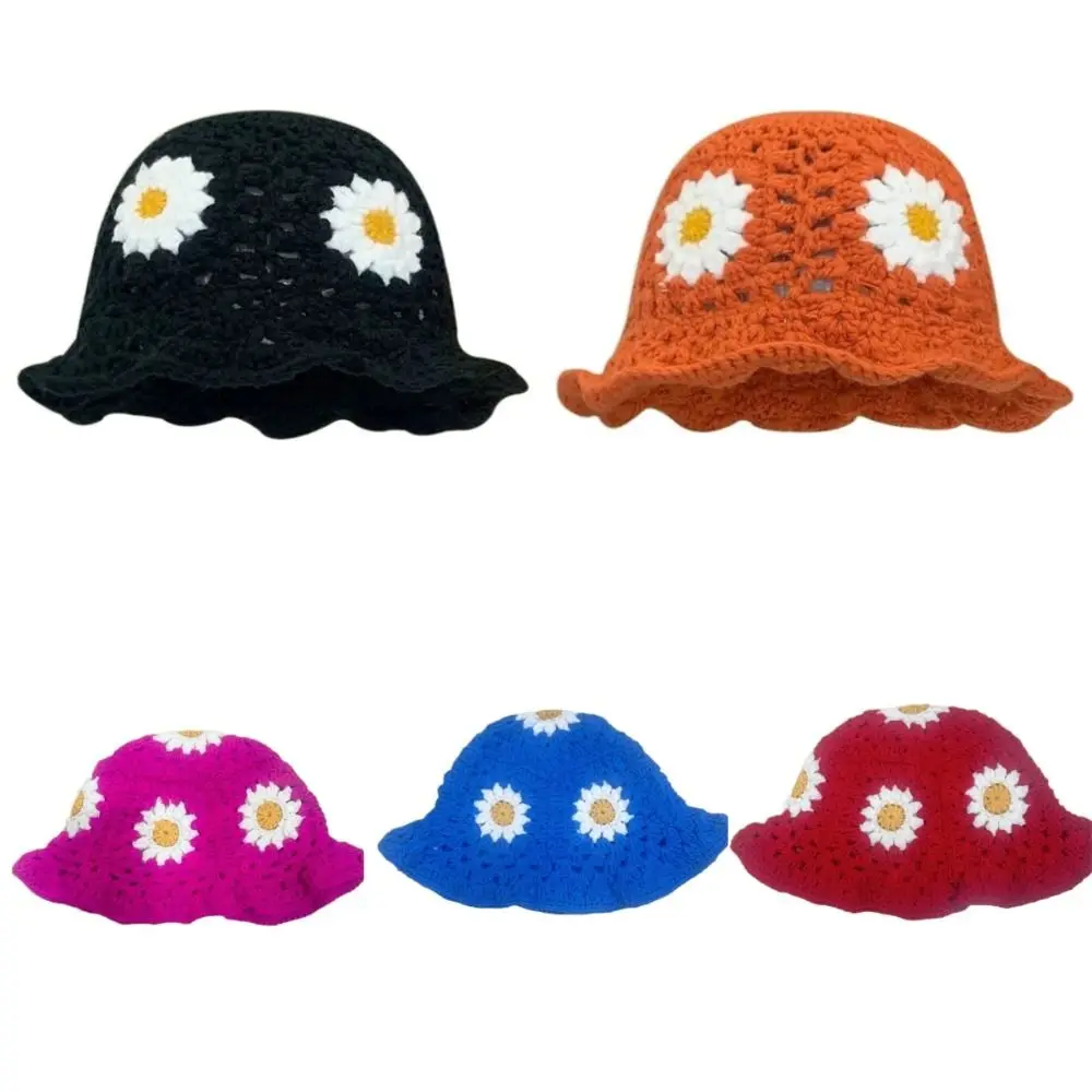 Cute Flower Fisherman Hat Knitted Handmade Basin Hat Revealing Face Small Hollowed Out Bucket Hats Women's