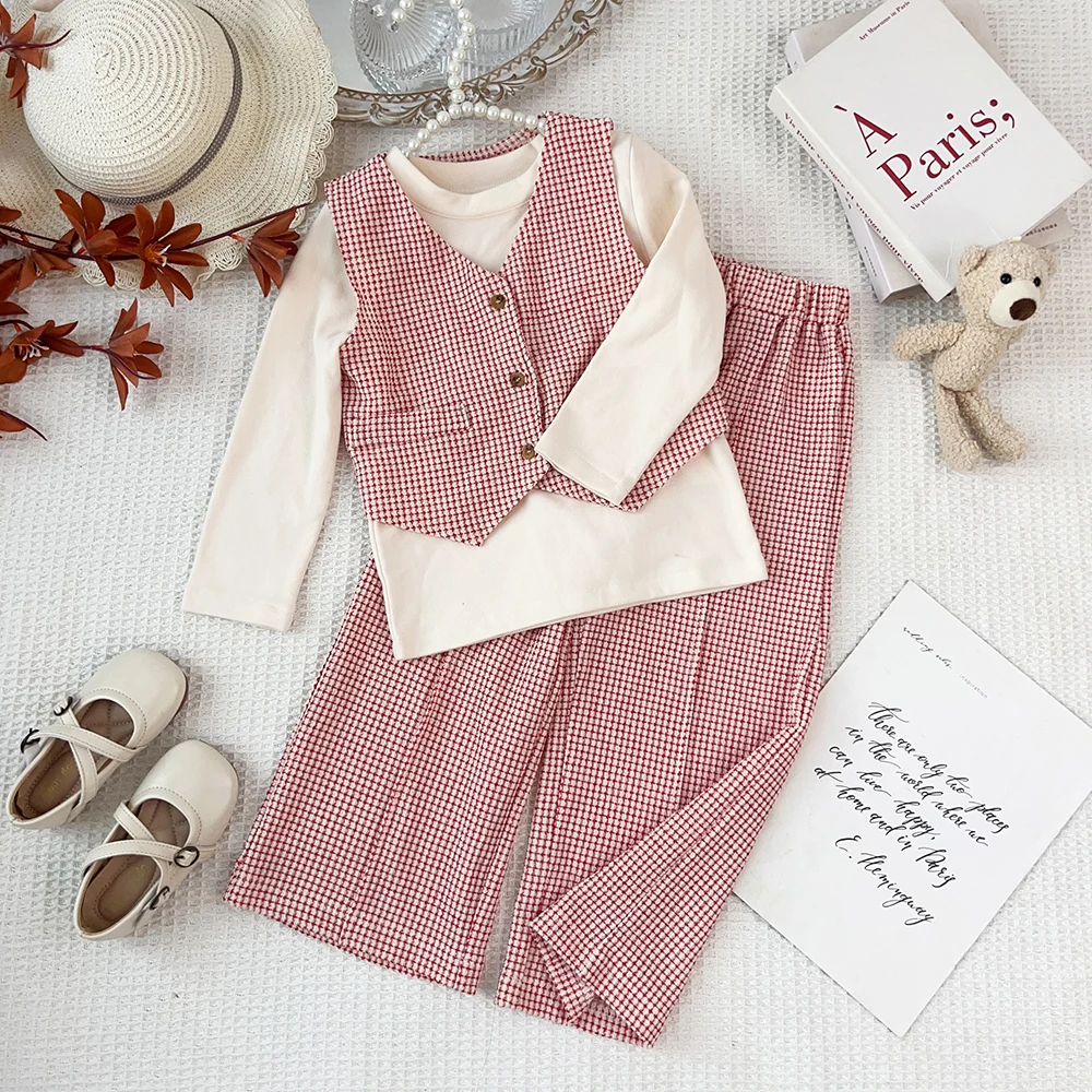 Korean Version Fashion Pattern Three Piece Knitted Vest+base Shirt+wide Leg Pants for Girls 3-7