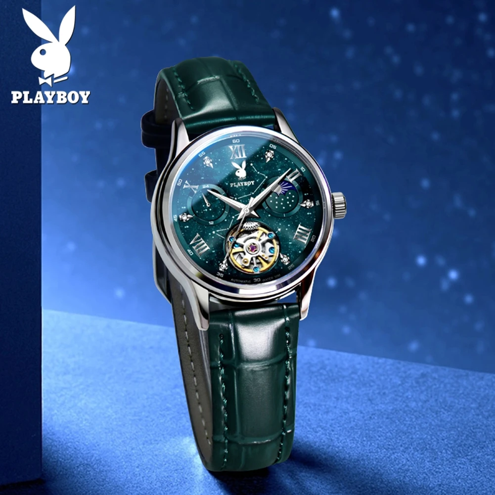 PLAYBOY 3057 Mechanical Women Watch Leather Strap Starry Sky Skeleton Flywheel Moon Phase Luxury Brand Ladies Watch