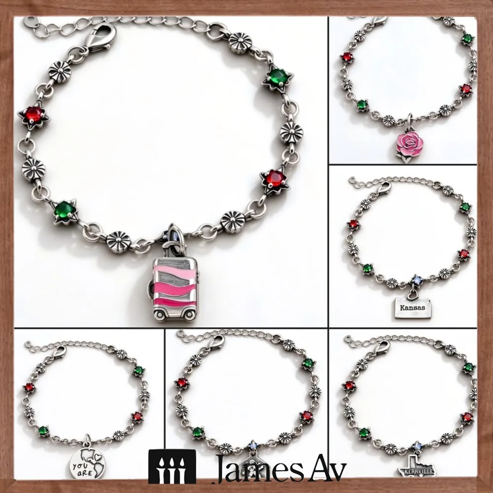 2027 S925 Silver Retro Flower Star Crystal Bracelet Detachable Travel Pendants Suitcase Rose Texas Kansas Map Charm Gift Jewelry