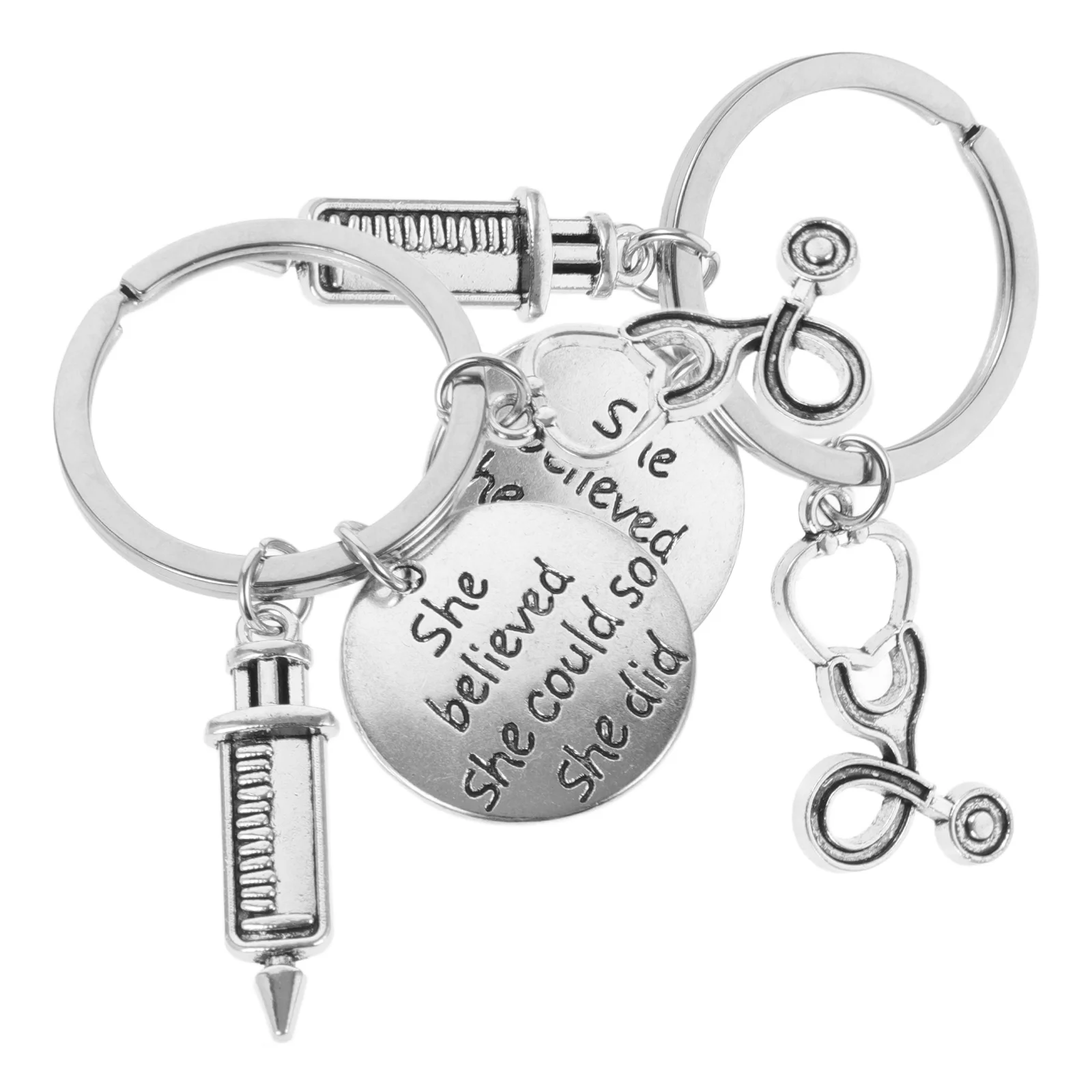 2pcs s Day Key Holder Syringe Keychains Love Heart Pendant Stainless Steel Key Rings Craft Ornaments Gifts