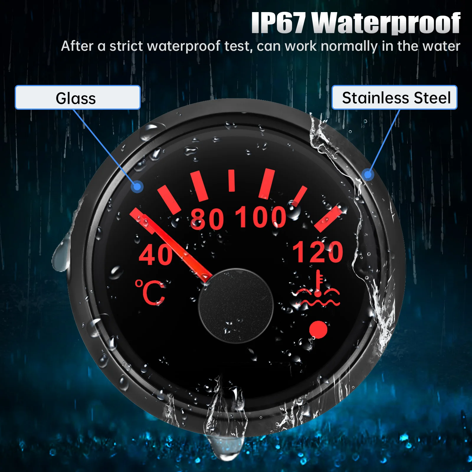 Car Boat 7 Color Light 52MM Water Temperature Gauge with Flash Alarm Temp Sensor 1/8NPT,3/8NPT,M12X1.5,M14X1.5,M16X1.5 Optional