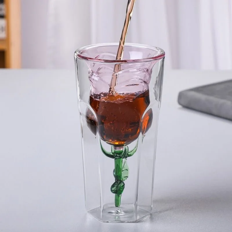 1 Piece 200ml Heat Resistant Inner Pink Rose Shaped Double Wall Coffee Wine Glasses Cup