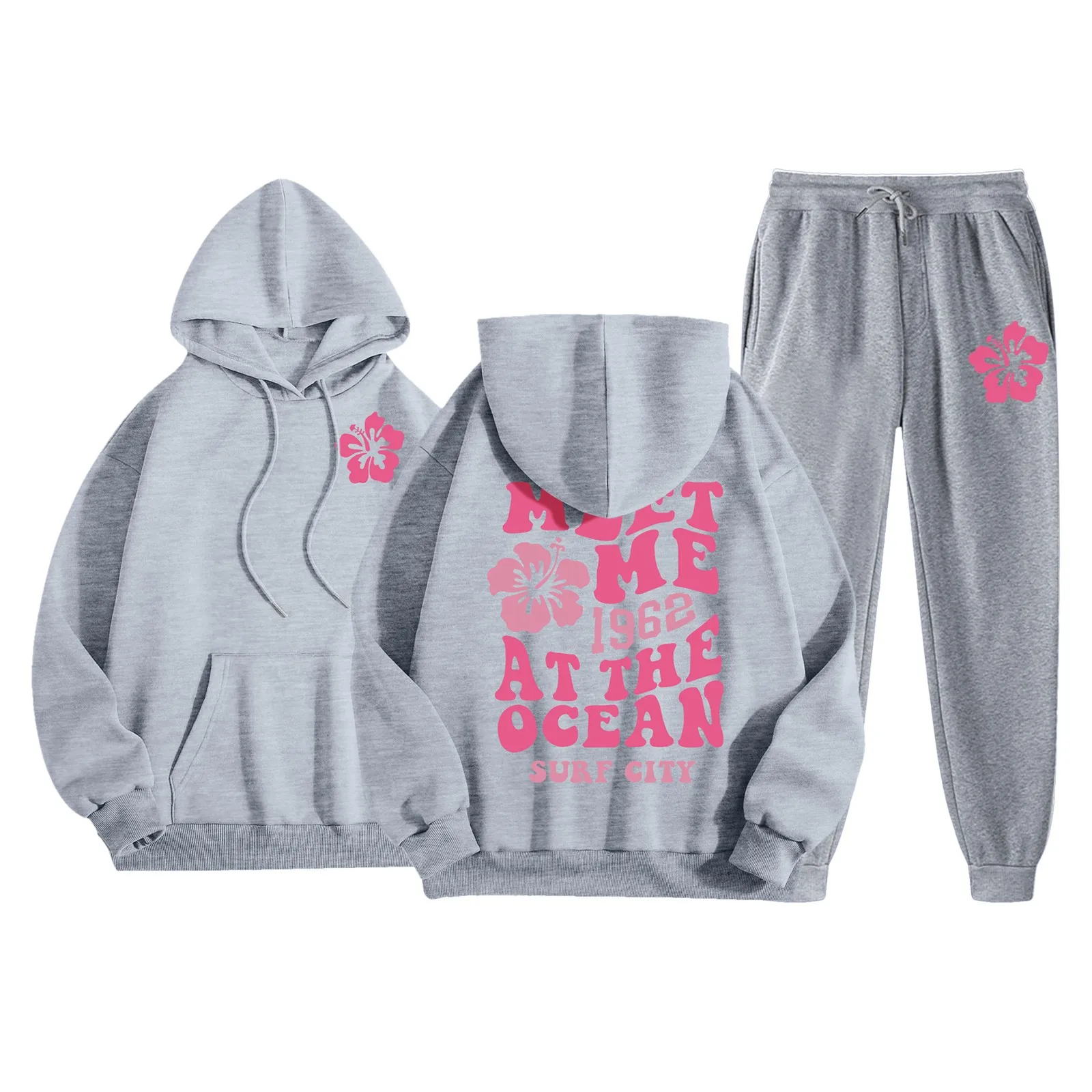 Padded Hooded Sweatshirt Sweatpants Long Pants Set Meet Me At The Ocean 1962 Surf City Y2k Hoodies American Outdoor Hoodies