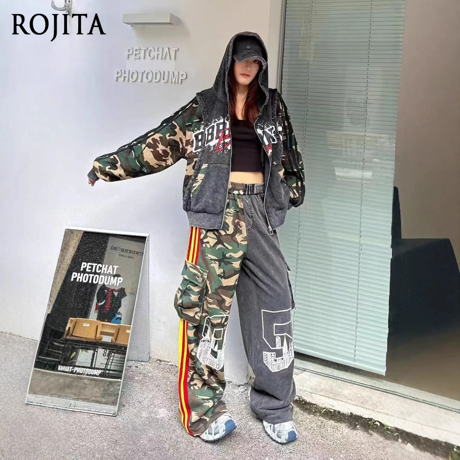 

European Style Casual Pants for Women 2025 Autumn New Camouflage Patchwork Washed Gray Digital Print Long Pants Trendy