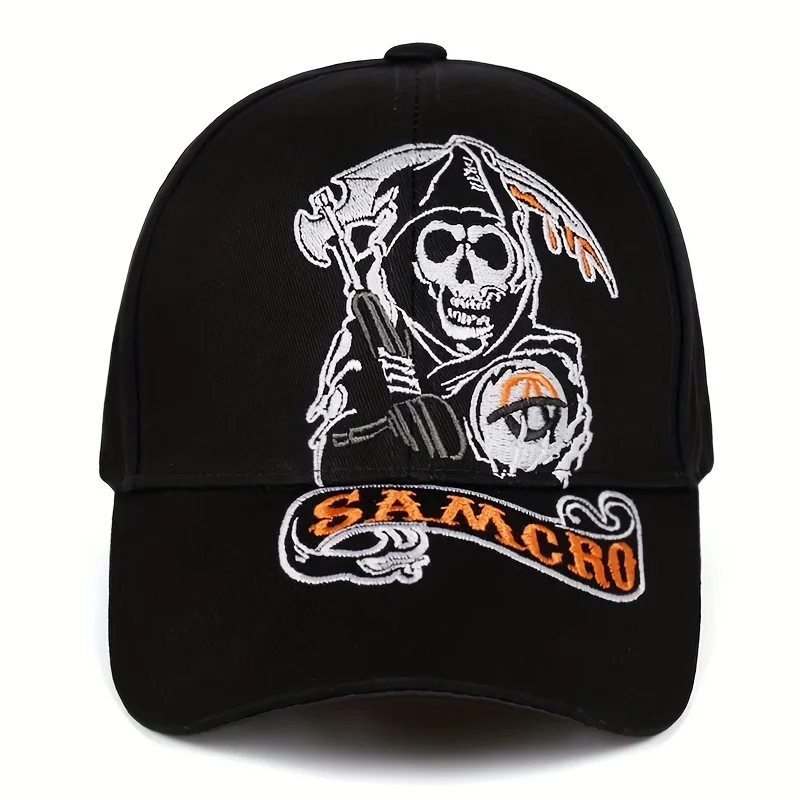 SAMCRO Baseballkappe SOA Sons of Anarchy Totenkopf-Stickerei, lässige Snapback-Mütze, modische, hochwertige Renn- und Motorrad-Sportmütze – Detail 2