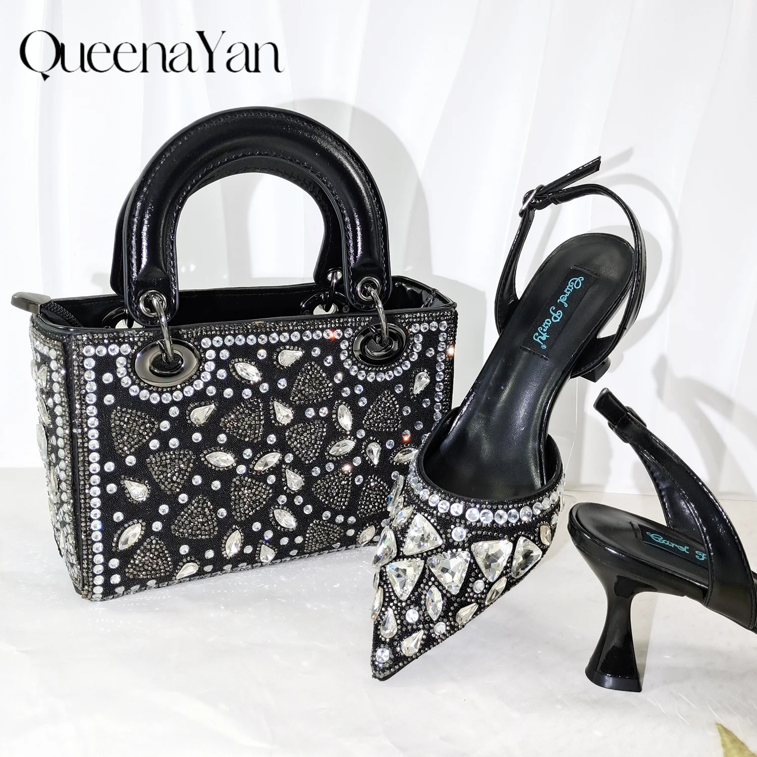 Hot Sale Black Color Rhinestone Pearl Slingback Pumps Top Handle Handbag Women Prom Formal Crystal Heels for Party Wedding - view 2