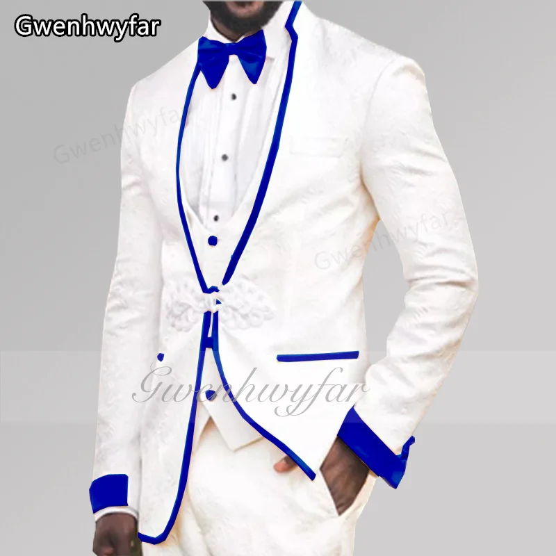 

Gwenhwyar 2022 New White Jacquard Men's Jacket Pants Formal Royal Blue Trim Collar Slim Fit Tuxedo Best Men's Blazer for Wedding