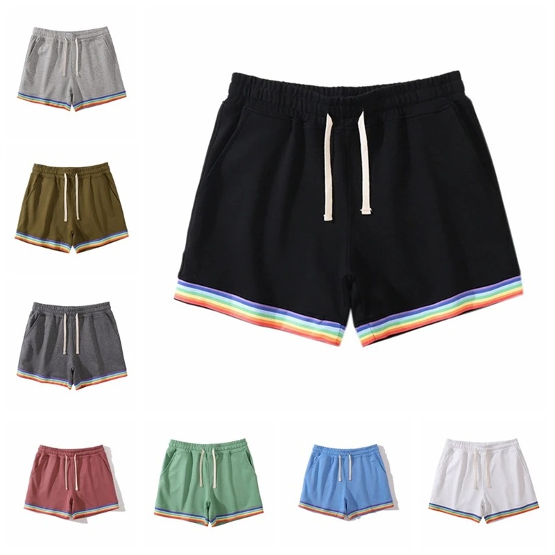 Men\'s shorts Solid Rainbow Printing Shorts Double Pocket Waist Loose Basketball Pants Casual Shorts Gym Running Training Shorts