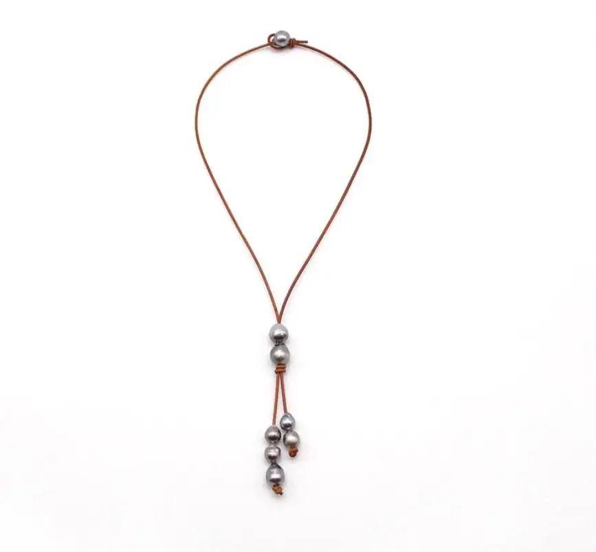 Tahitian Pearl Knotted Drop Necklace with Blonde Baroque Tahitian Pearls on Leather, Handmade Pearl and Leather necklace